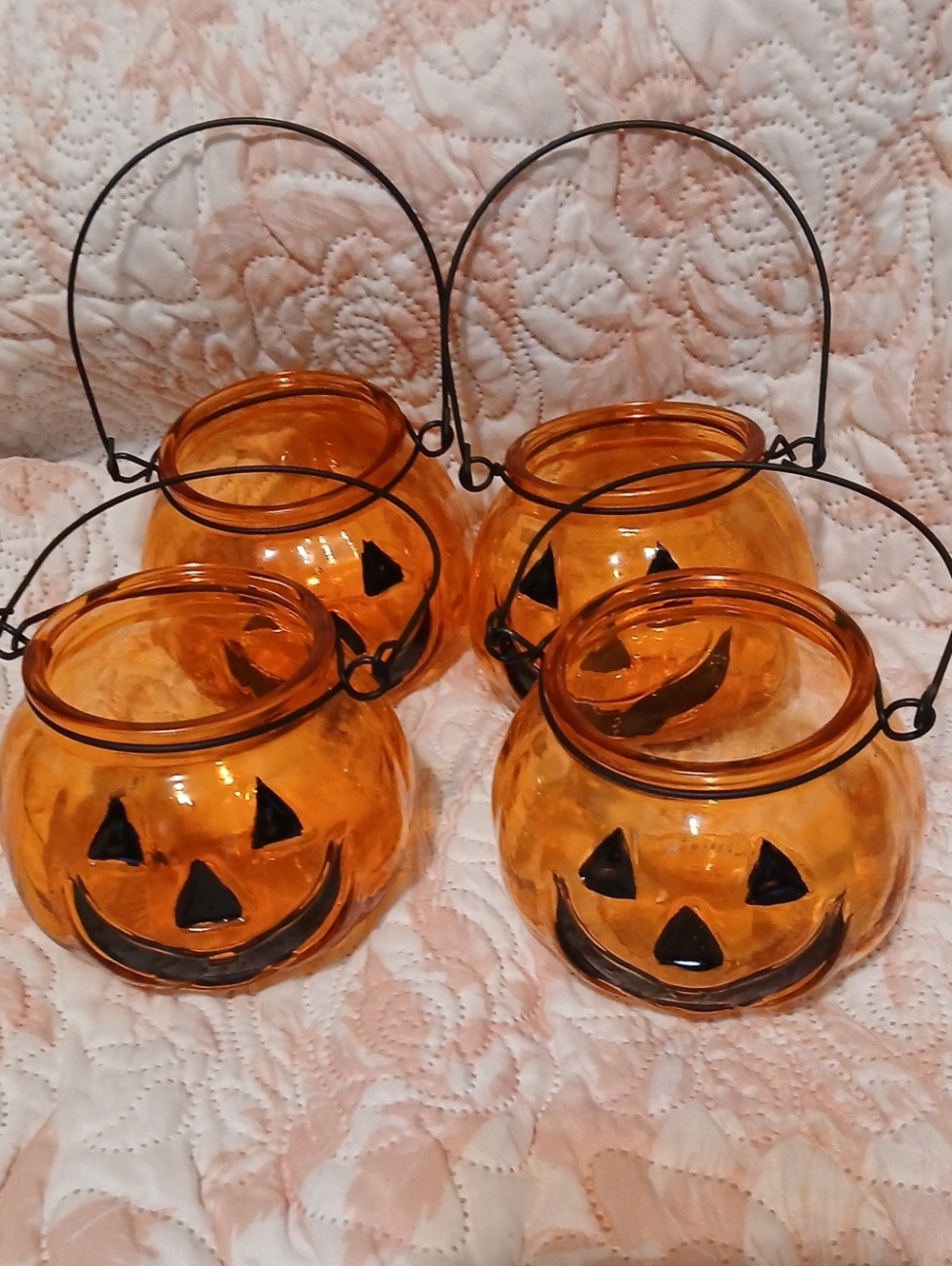 Set of 4 Orange Jack-O'-Lantern Glass Votive Holders with Black Handles